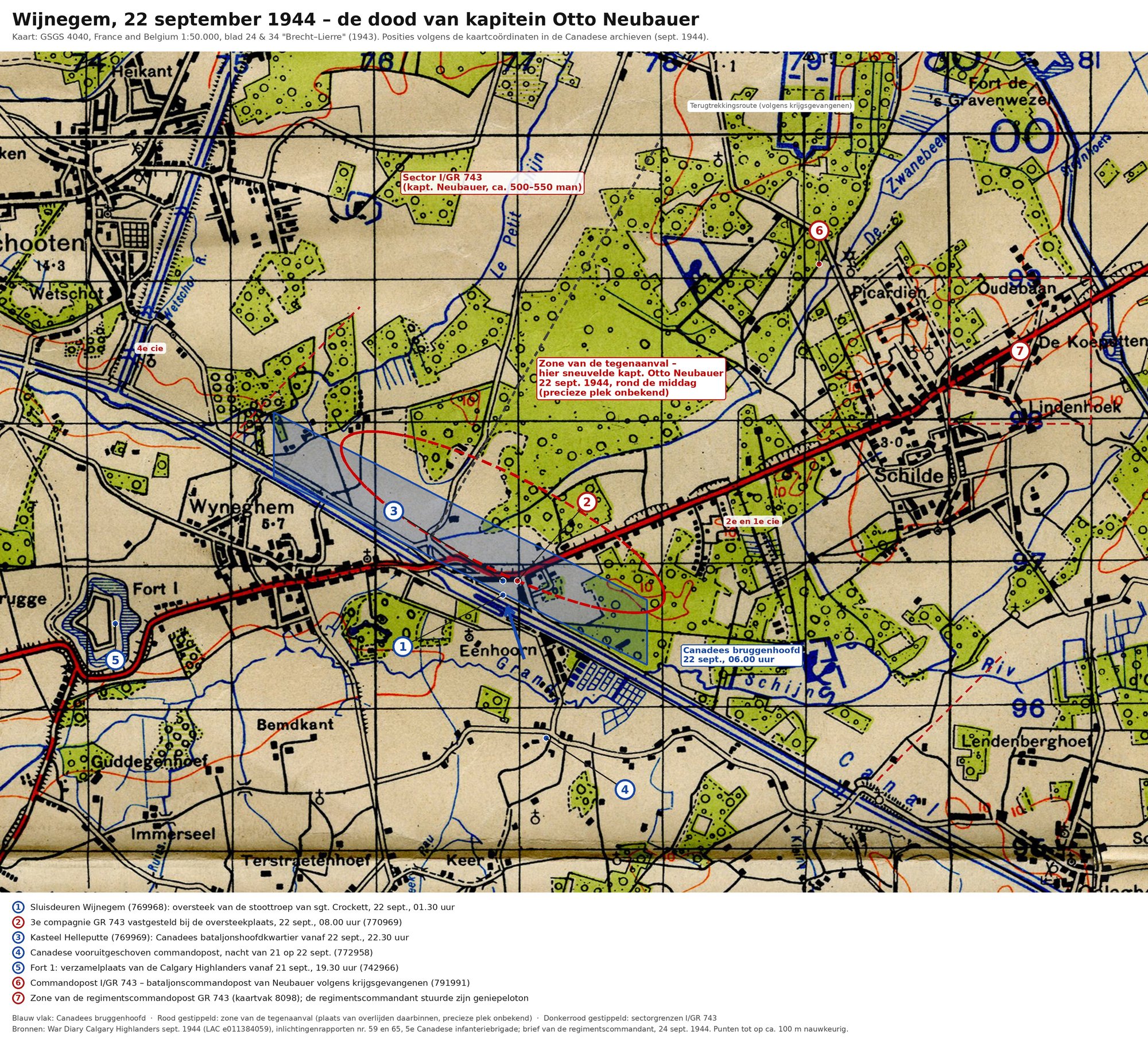 Britse militaire kaart uit 1943 van Wijnegem, het Albertkanaal en Schilde, met de oversteekplaats, het Canadese bruggenhoofd, de stellingen van Grenadierregiment 743 en de zone waar Otto Neubauer sneuvelde